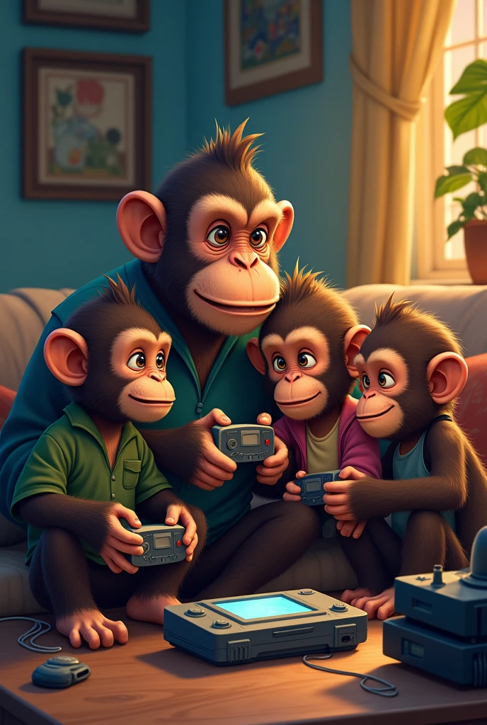 4 gamer monkeys 1 dad 2 sons and 1 daughter with retro consoles