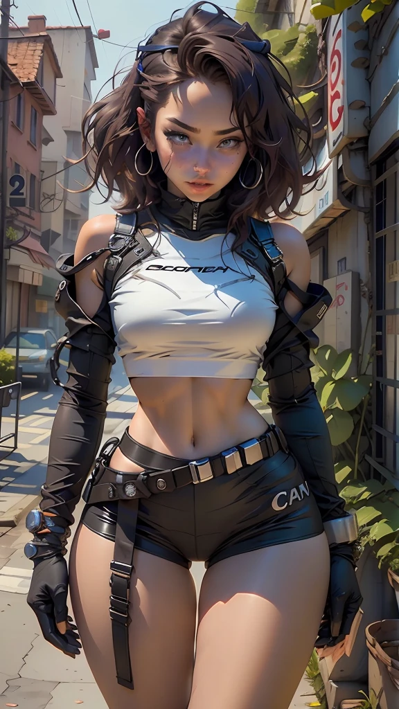 Woman body defined thick thighs cybernetic body parts, short underwear