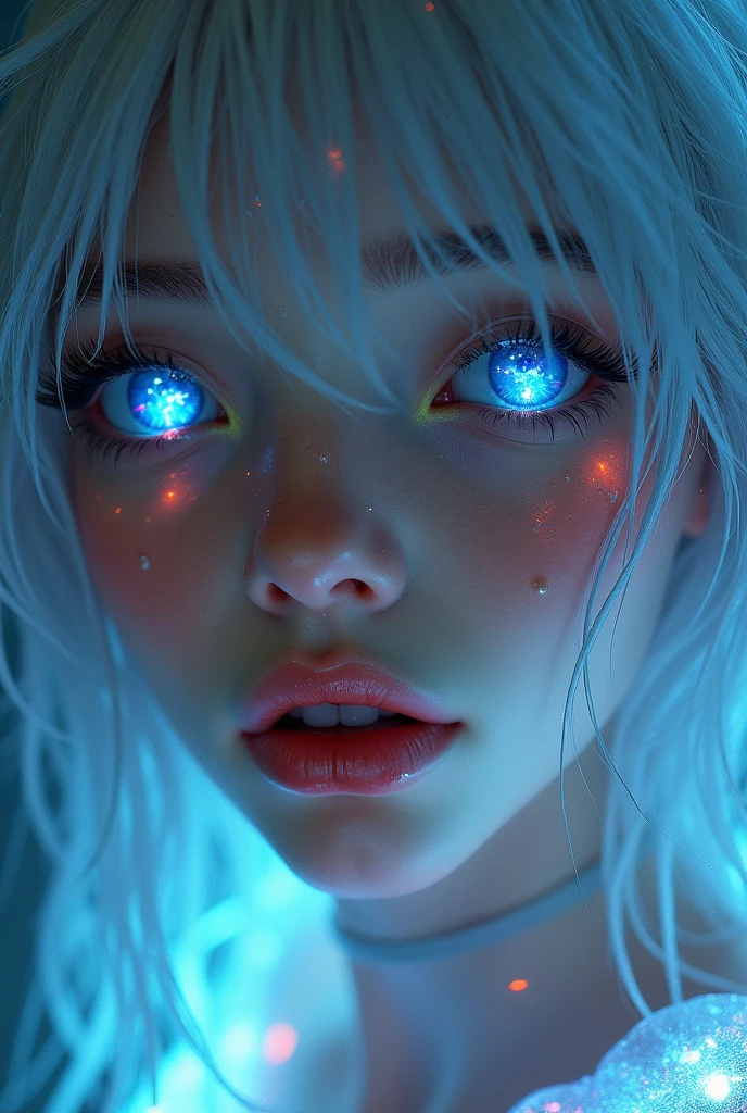 (Close-up of a better masterpiece: 1.5) 0.9],(Disheveled silver hair: 1.1) (Xanthochromia heterochromia and blue eyes: 1.2)(colorful stars in the eyes: 1.0) (A radiant glow: 1.1) (thick lips: 0.9) with wet and transparent clothes