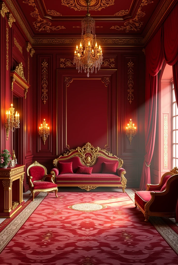 Luxurious red royal room, side view, withouth People