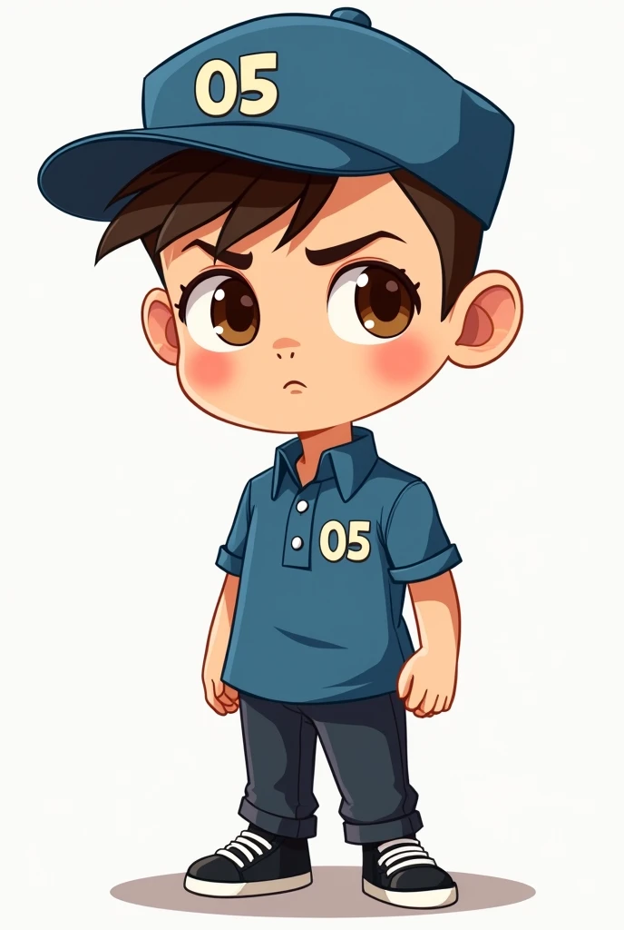 A  wearing a blue shirt with the number 05 in the upper right corner and a blue cap with the number 05 . She has short military style hair., his face is serious, does not show an emotion, He's small.  Make it in a cartoon style, He's small e tem olhos castanhos. He wears black pants and black sneakers.. Don&#39;t forget the cap and short military hair