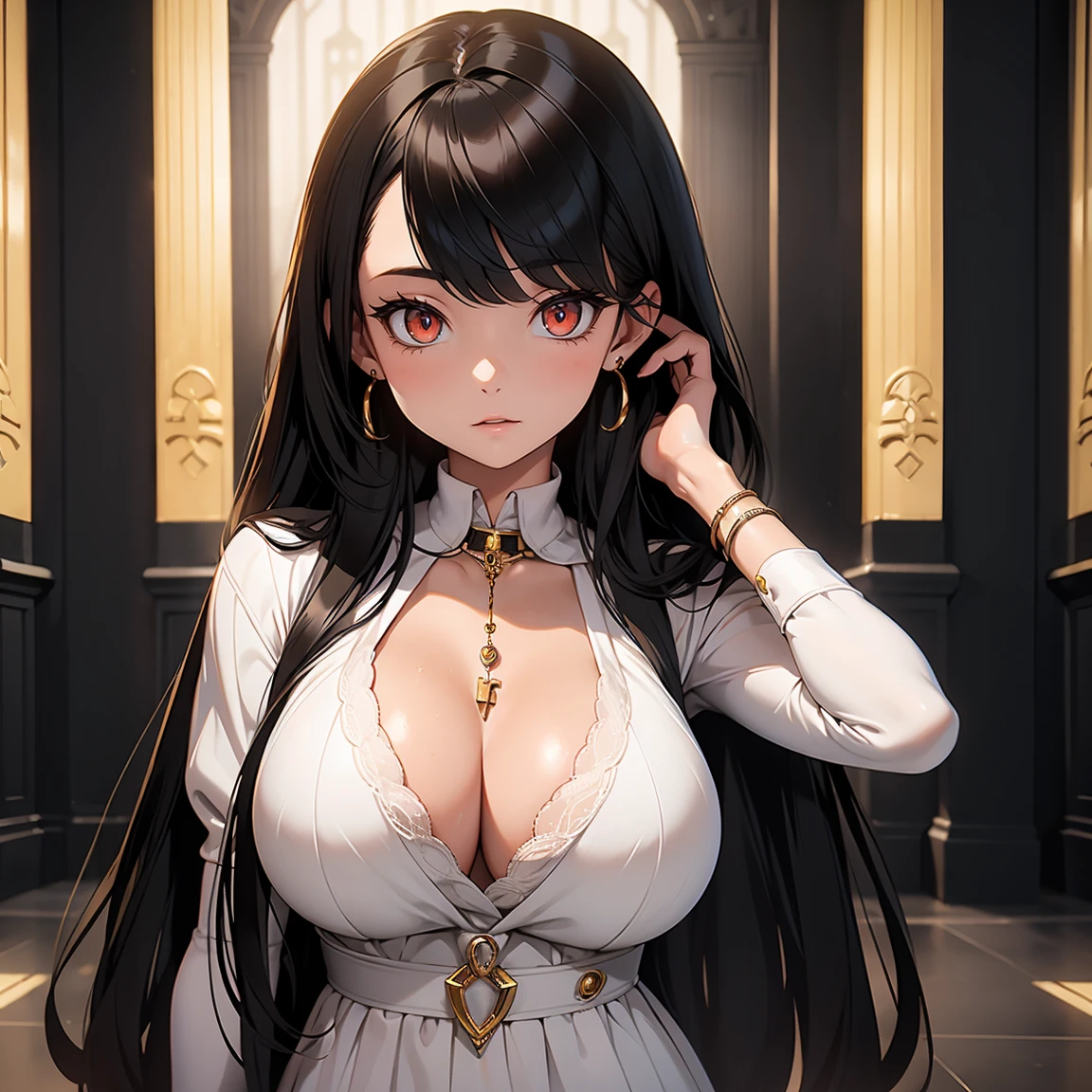score_9, score_8_up, score_7_up, score_6_up, score_5_up, score_4_up, BREAK 1girl, intricate, school outfit , (eyeliner:1.2), looking at viewer, black hair, hime-cut, long hair, pale skin, jewelry, detailed background, huge breasts (masterpiece, high quality:1),
