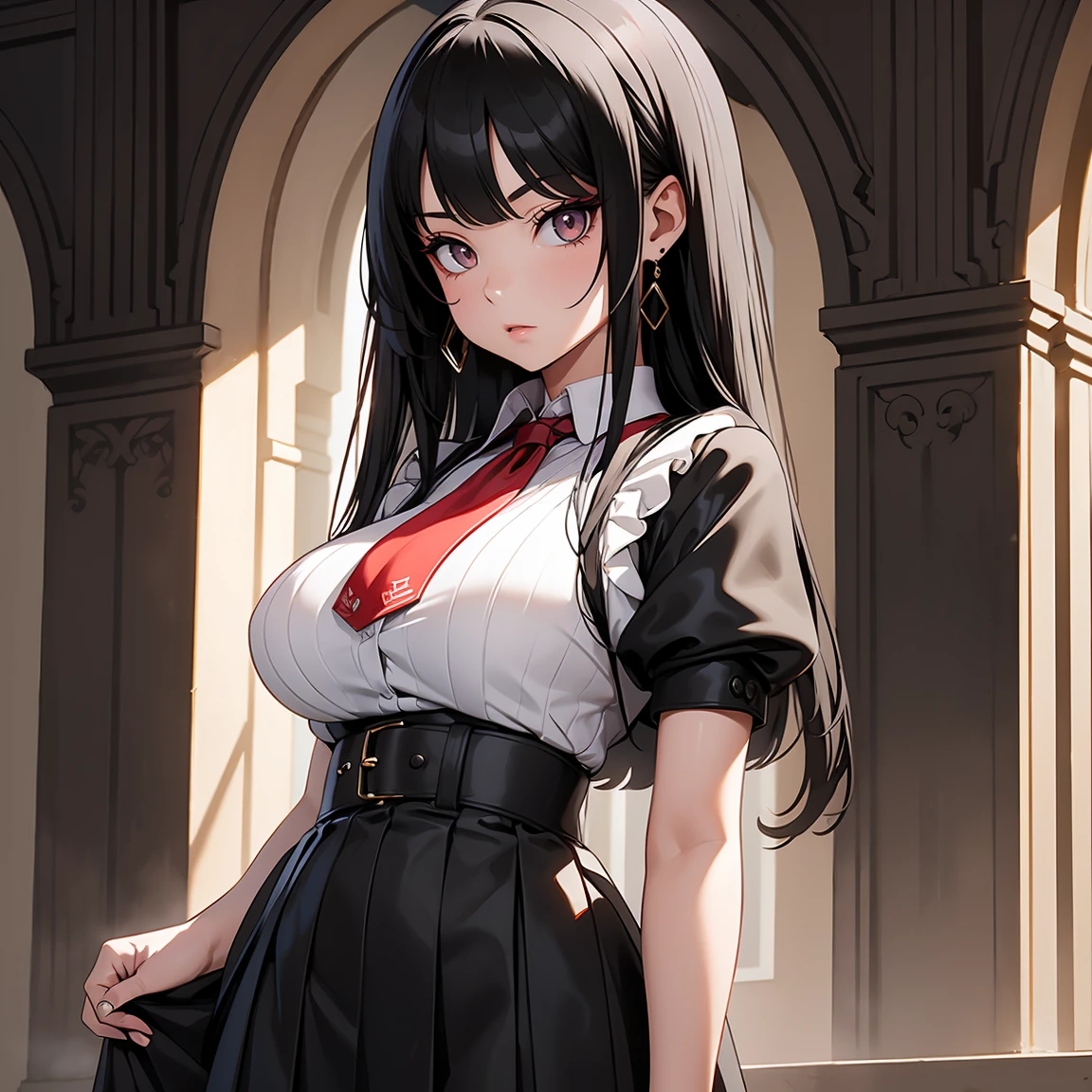 score_9, score_8_up, score_7_up, score_6_up, score_5_up, score_4_up, BREAK 1girl, intricate, school outfit , (eyeliner:1.2), looking at viewer, black hair, hime-cut, long hair, pale skin, jewelry, detailed background, huge breasts (masterpiece, high quality:1),