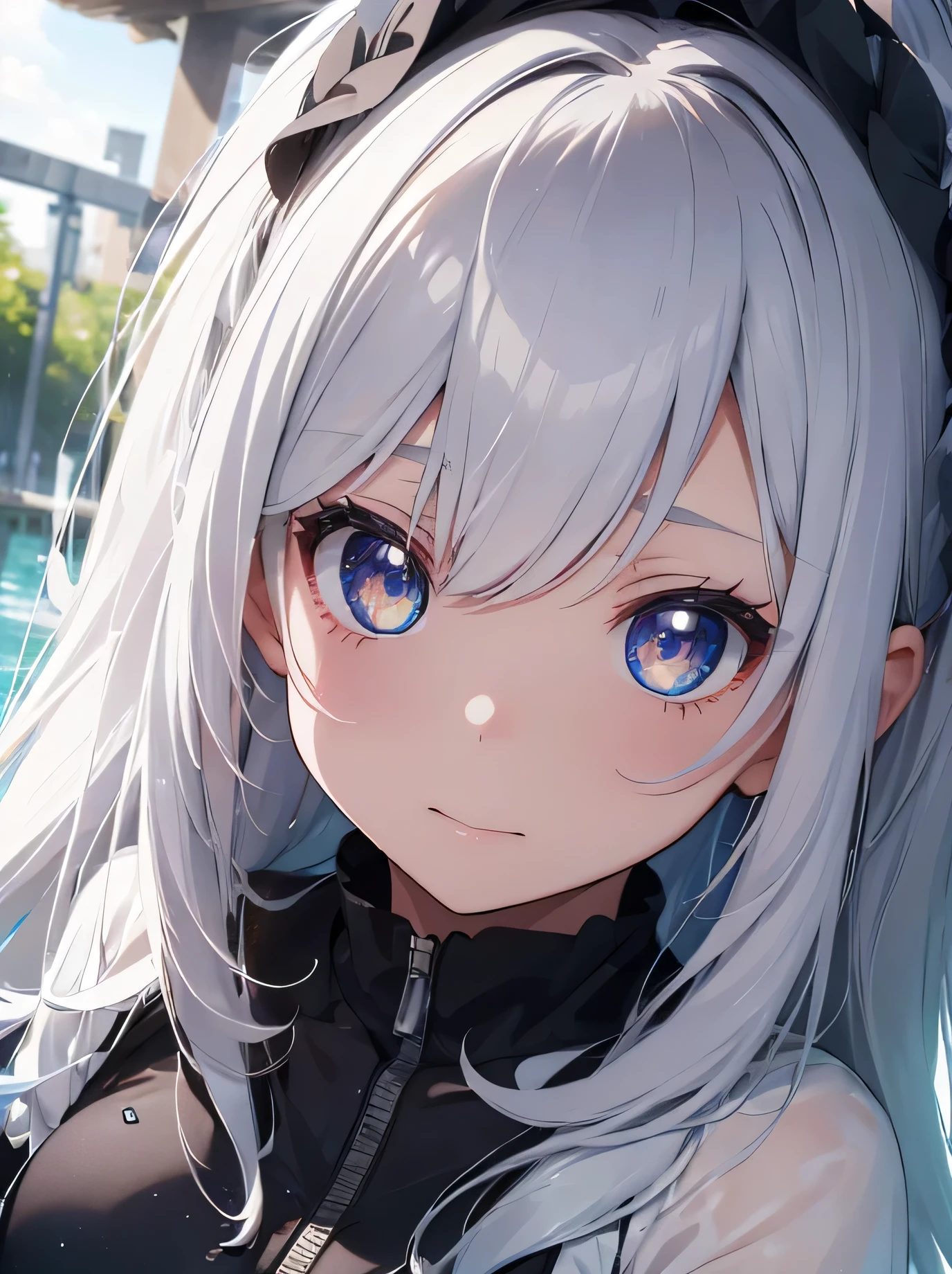 kawaii, anime, Cute, hyper quality, highly detailed, 8k, Clarity, Draw facial expressions in detail, long silver hair woman, mysterious, Beautifully depict the eyes, highlight on eyes, clarify shadows, Feathers dance, full of light, Rainbow colored light in your eyes, Make the background stand out, draw the whole body, light pours from heaven, make light and darkness clear, summer sunshine, Clarify the contrast between light and shadow, Make the contrast of color saturation clear, strengthen contrast, Improve the depiction of eyes, pull point, Draw water droplets realistically, summer festival, iris, Dynamic feeling, eye color is blue, Draw the whole body using perspective,