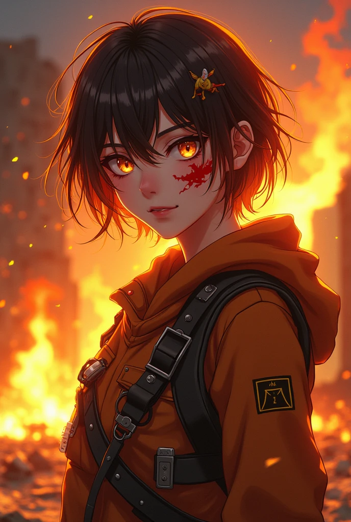An anime style woman, that she is a pyromaniac, May the colors of your hair be like that of fire.May your hair be short and your eyes be amber. Wear post-apocalyptic clothing. That he has a burn scar on his cheek in the shape of a butterfly.