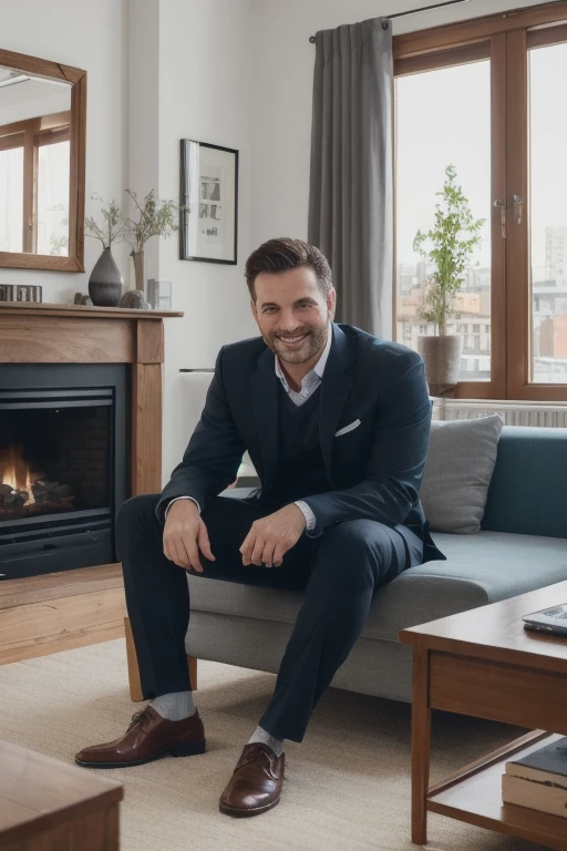 4k photography. Very detailed ,handsome man , a middle-aged executive, with brown hair and a confident expression, sitting next to modern office. The office has large windows that offer a panoramic view of the city., and is decorated with elegant furniture and modern technology.. The executive is wearing a well-fitting dark blue suit without a tie which complements his outfit., while smiling. In the background there is a LED television where it appears inside with legible letters " Insurance for business owners."