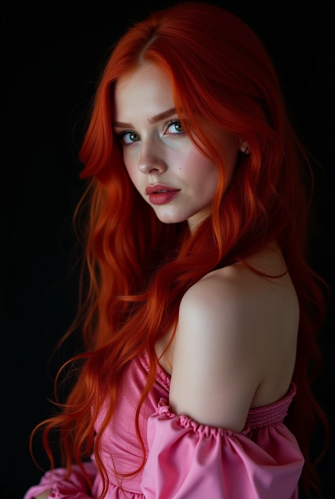 Red-haired snake woman,with pink clothes on black background,photo up close