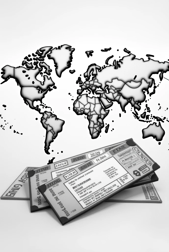 Create a realistic image in vertical format, that reflects airline tickets with a world map background, pencil drawing style