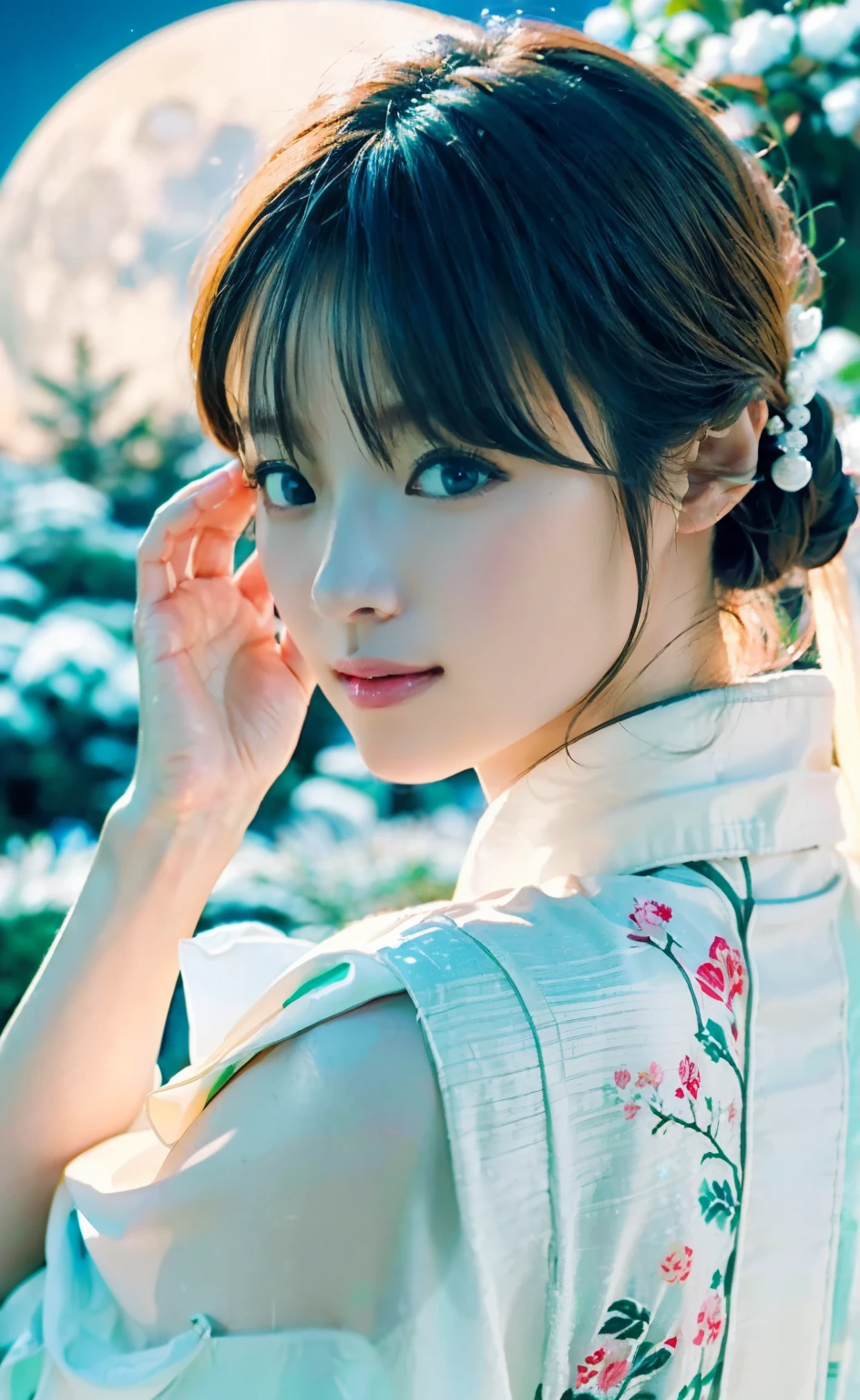 (((Perfect limbs and body with detailed depictions of the limbs based on perfect anatomy, no extra arms))),4k shooting captures the essence of movement,First Person,(((Wear thin white kimono that exposes as little skin as possible,夜に雪山の岩に膝を揃えて腰を下ろした美Shii女性))),(((In the dim moonlight as snow falls, a snow woman in a white kimono is gazing at the moon.))),(((masterpiece))),色白のうなじが眩Shii,(((The pure white kimono stands out))),Tuck your chin in and place your hand on your cheek,((4K profile shot with the moon in the background)),20-year-old, Glossy long chestnut hair is sexy,((Gravure photoshoot in the snowy mountain forest)),((Long eyelashes,Big eyes,double eyelid,((Glossy red and thick lips)),Deep depth of field photography with Hasselblad,portraying the motion and grace of フリーズ,Outdoor detailed background,Best image quality,Professional perspective,素晴らShiiディテール,Ultra-high resolution,Realistic:1.4,Attention to detail,The beauty is concentrated on one girl.,栗色の美Shiiロングヘアーが風になびく,繊細で鼻が高く美Shii顔,Long limbs like a model,Tight waist,チラ見えする白い肌が眩Shii,god々Shii,Cinematic Production,