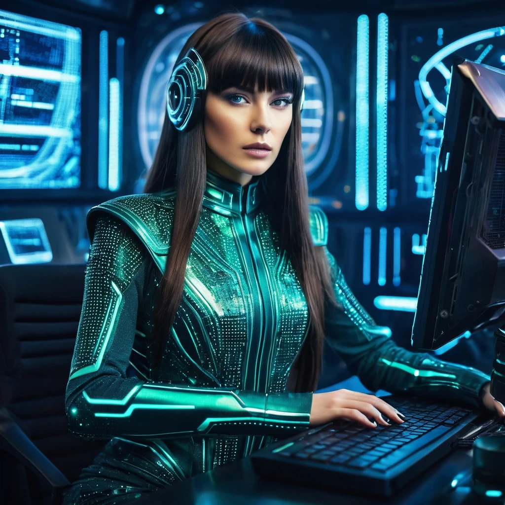 generate stunning futuristic magic picture of tough producer executive girl wise smart adult live brunette with long hair and bangs at powerful computer in magic alien intergalactic unusual clothes on guard in film industry in style futurism extravagant.
style like in matrix.