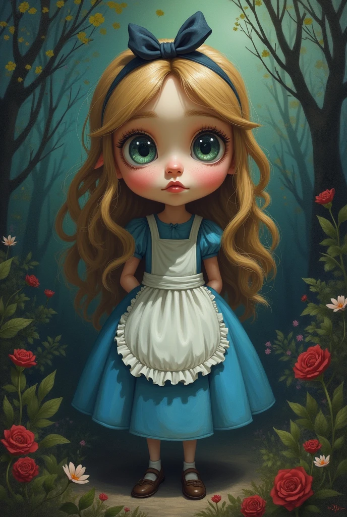 Create a full-body painting of Alice in Alice in Wonderland to capture a moment of deep contemplation. Her expression should be a mixture of curiosity and a hint of anxiety, as if she is in deep doubt about reality and her place in it. Her large eyes should be wide open, reflecting the surreal world around her. Perhaps there should be hints of distorted imagery hidden in the colourful landscape - a smiling Cheshire cat, a clock, the winding paths of a Wonderland forest. The lighting is soft yet dramatic, casting gentle shadows that emphasise the depth of her thoughts. Her hair could be slightly dishevelled, as if she has been on a long journey, and the iconic headband should perhaps be slightly slanted to add to the sense that she is pensive. The colour palette should be a mix of soft pastels and dark, introspective tones to create a balance between innocence and the complexity of her thoughts.

Translated with DeepL.com (free version)