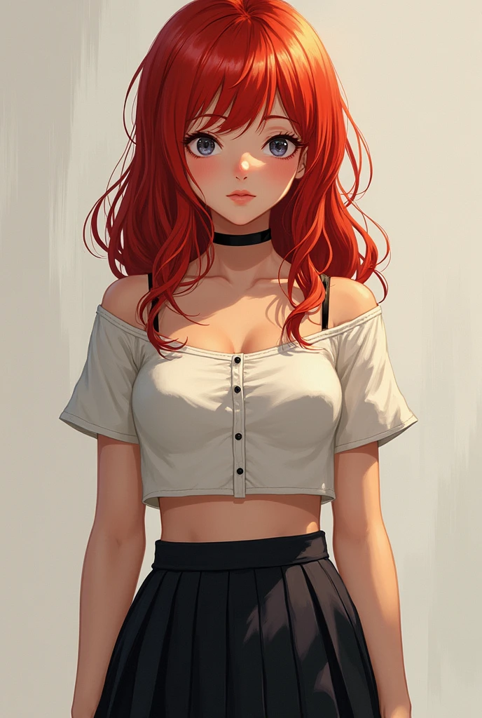 A school girl in a un buttoned top with a no bra black skirt red hair 