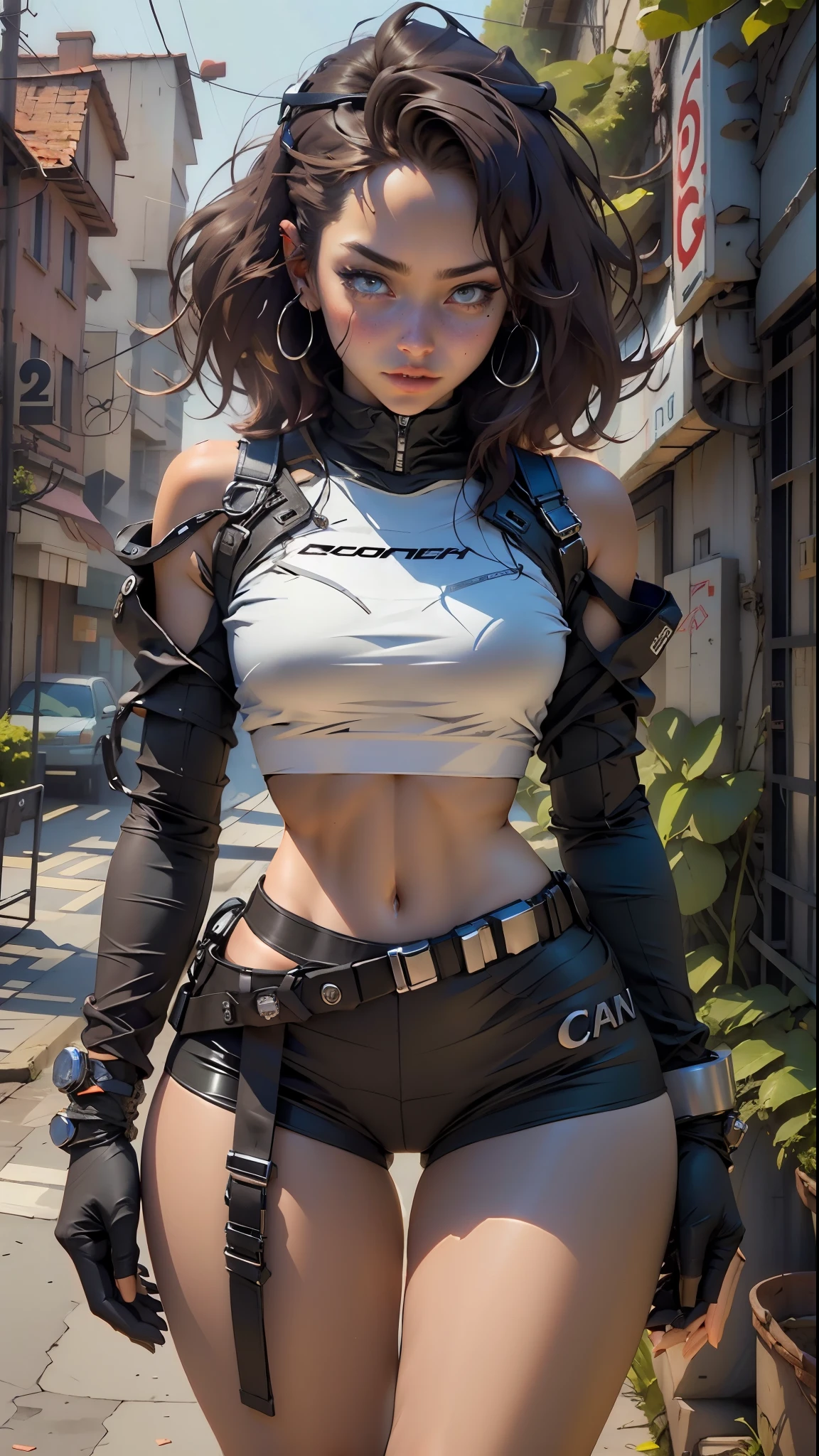 Woman body defined thick thighs cybernetic body parts, short underwear