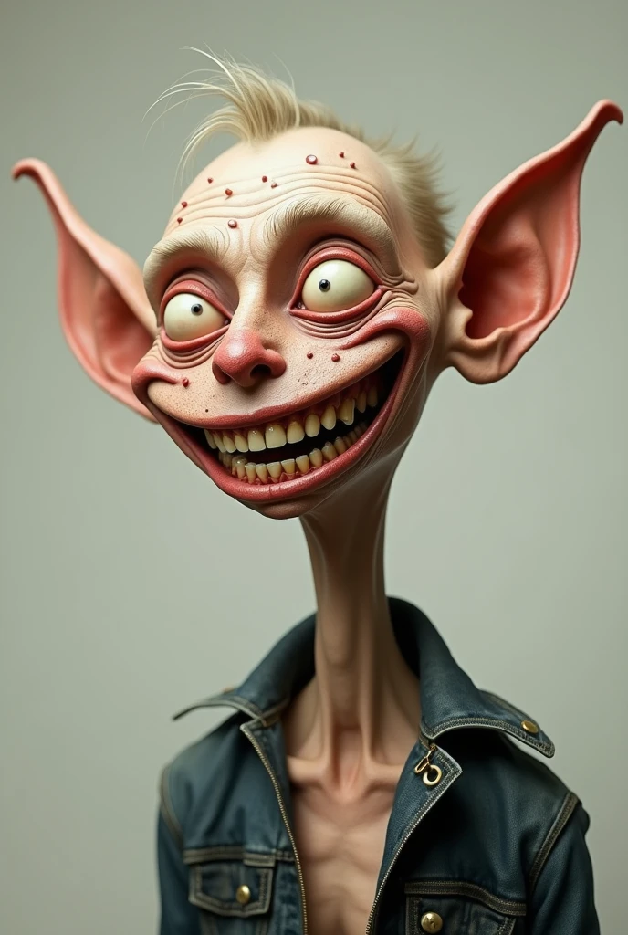 Make a man with big ears, huge teeth and many pimples on his body, he is thin.