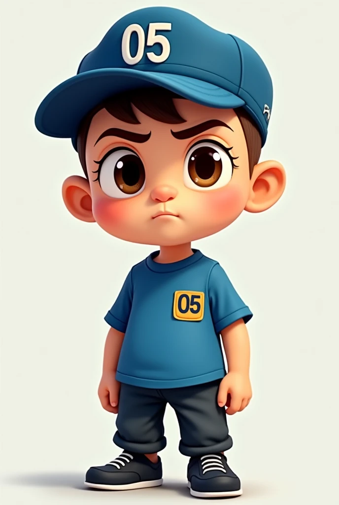 A small boy wearing a blue shirt with the number 05 in the upper right corner and a blue cap with the number 05 . She has short military style hair., his face is serious, does not show an emotion, He's small.  Make it in a cartoon style, He's small e tem olhos castanhos. He wears black pants and black sneakers.. Don&#39;t forget the cap and short military hair, muito curto 