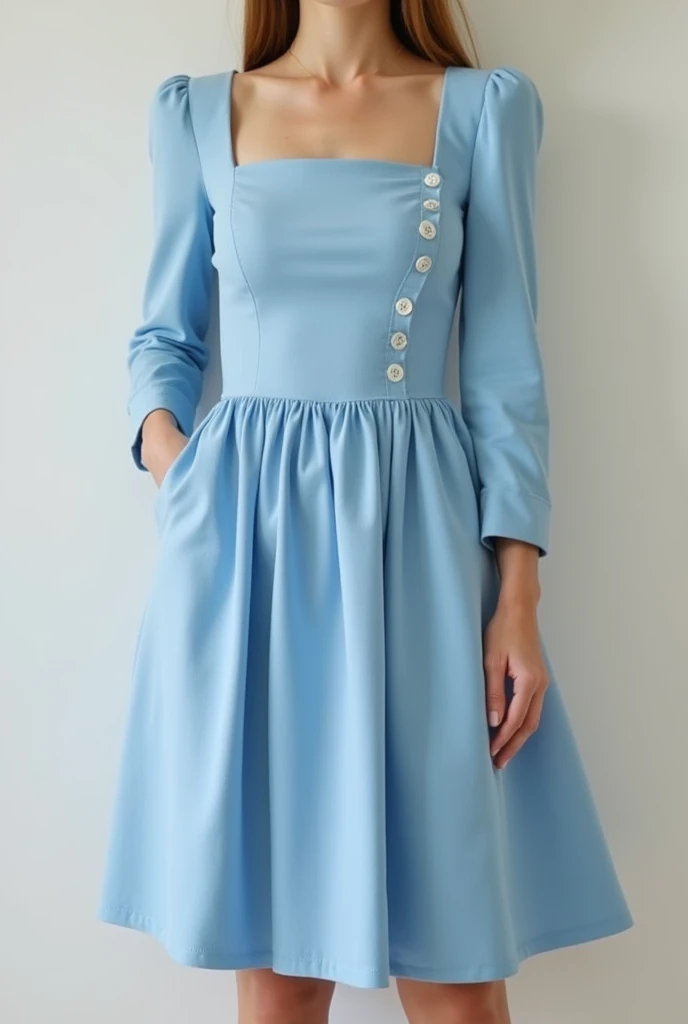 a dress that is above the knees with a square neckline, not tight, light blue, long sleeves with buttons on the skirt, somewhat voluminous