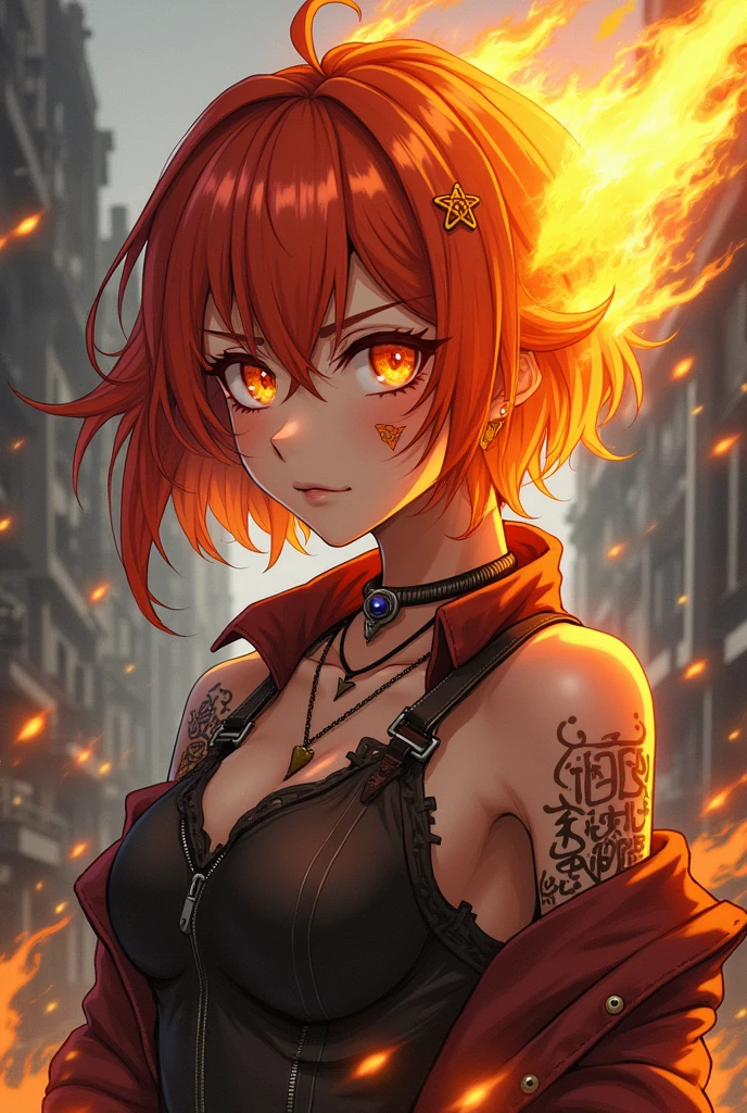 An anime style woman, that she is a pyromaniac, May the colors of your hair be like that of fire.May your hair be short and your eyes be amber. Wear post-apocalyptic clothing. That he has a burn scar on his cheek in the shape of a butterfly.