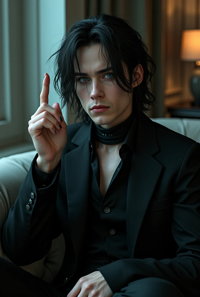 A sexy male with delicate facial features, black long hair, and teal blue eyes with all-black gothic clothes. Sitting on a stylish sofa and doing finger gun at the camera. No facial hair