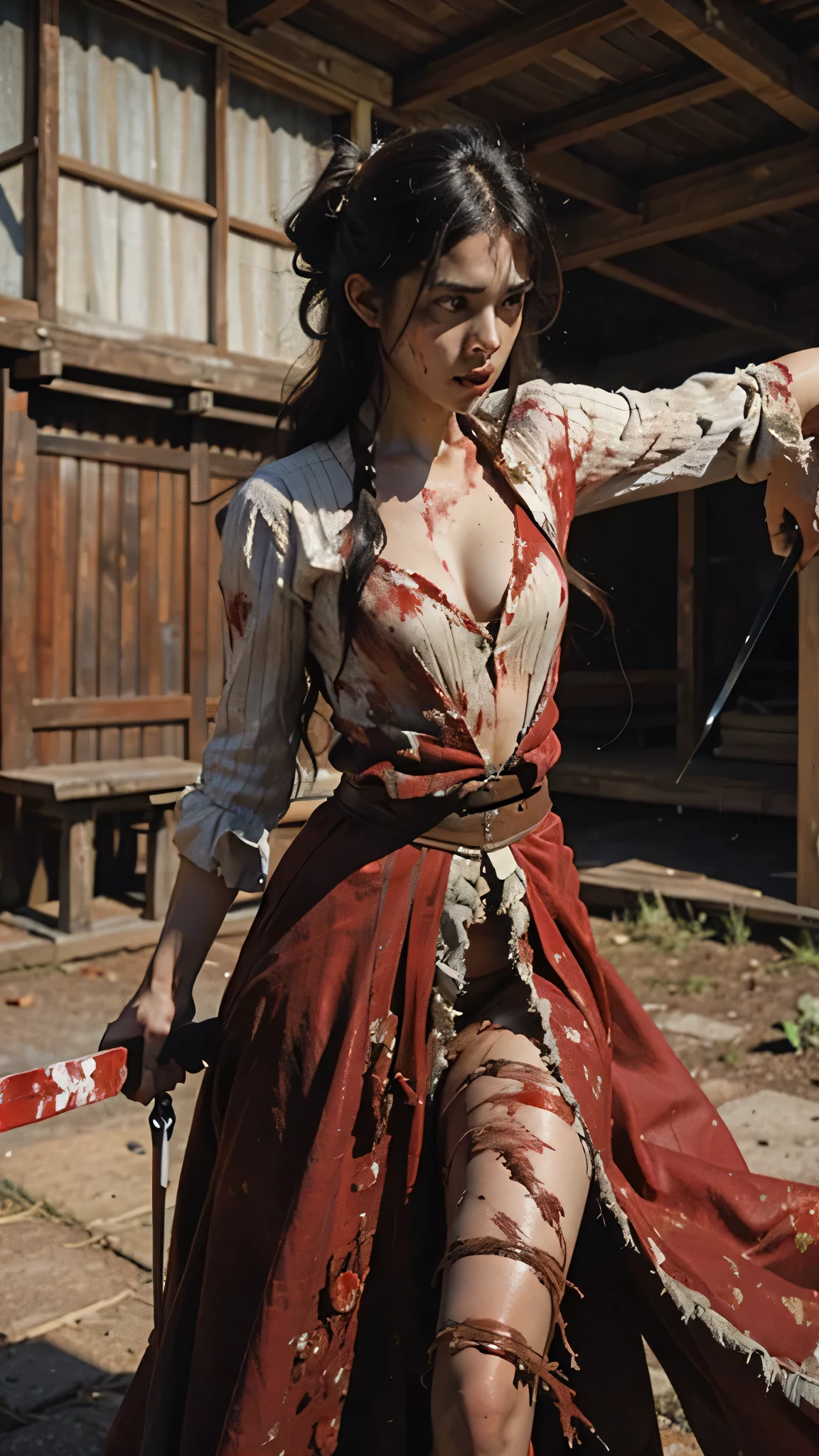 a bloody battle with the woman with ((his clothes torn and bloody)) thrusts a large sword full of blood