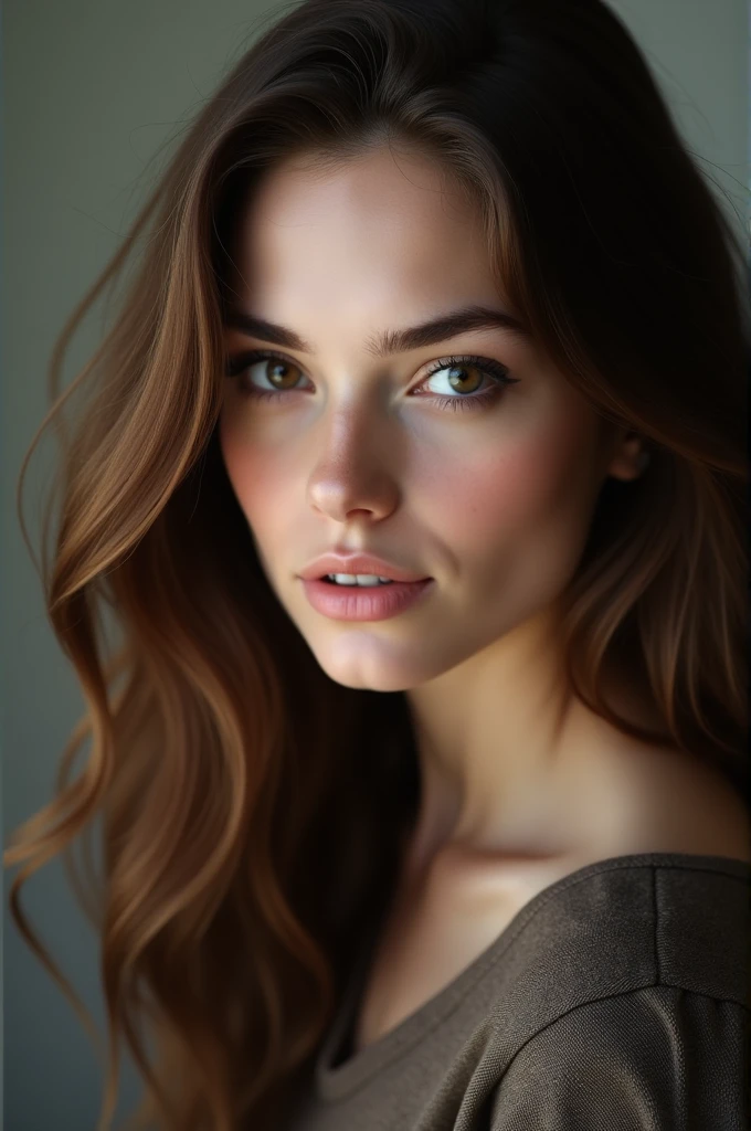 37 year old woman with brown hair, Hazel eyes, white skin, oval face and big eyes