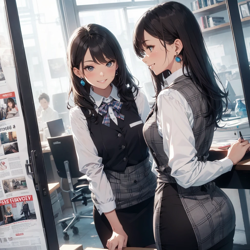 (Best Quality, Masterpiece),Wearing a pink plaid vest, White short sleeved shirt, Gray pencil skirt, Wear stiletto heels, Necklace, earrings, Cute face, Smile, Blushing, Shyness, Glass wall, Ultra Detail, Realistic, Front view, Whole body, stunning, cute, warm smile, hourglass figure, apron, text, chart, advertising, magazine title(Best Quality, Masterpiece), Mag((((1ladyl,)))) (masterpiece), (realistic), (best quality), (ultra-detailed), (wearing in [[white and gray check pattern]] Vest worn over white collared long-sleeved shirt:1.4), (gray vest with buttons:1.2), (Pink Theme:1.2), (blue ribbon ribbon:1.3), (Black theme:1.4), (Tight black pencil skirt:1.5), ((Brown pantyhose)), (high-heels:1.1),longskirt,office desk, office chair,Lulubre Unity 8K Wallpaper, pantyshot, long brown hair, office lady Magazine Cover, 1girl,  amazing, girl, 30 years old, house wiife, warm smile, hourglass figure, text, chart, advertising, magazine title