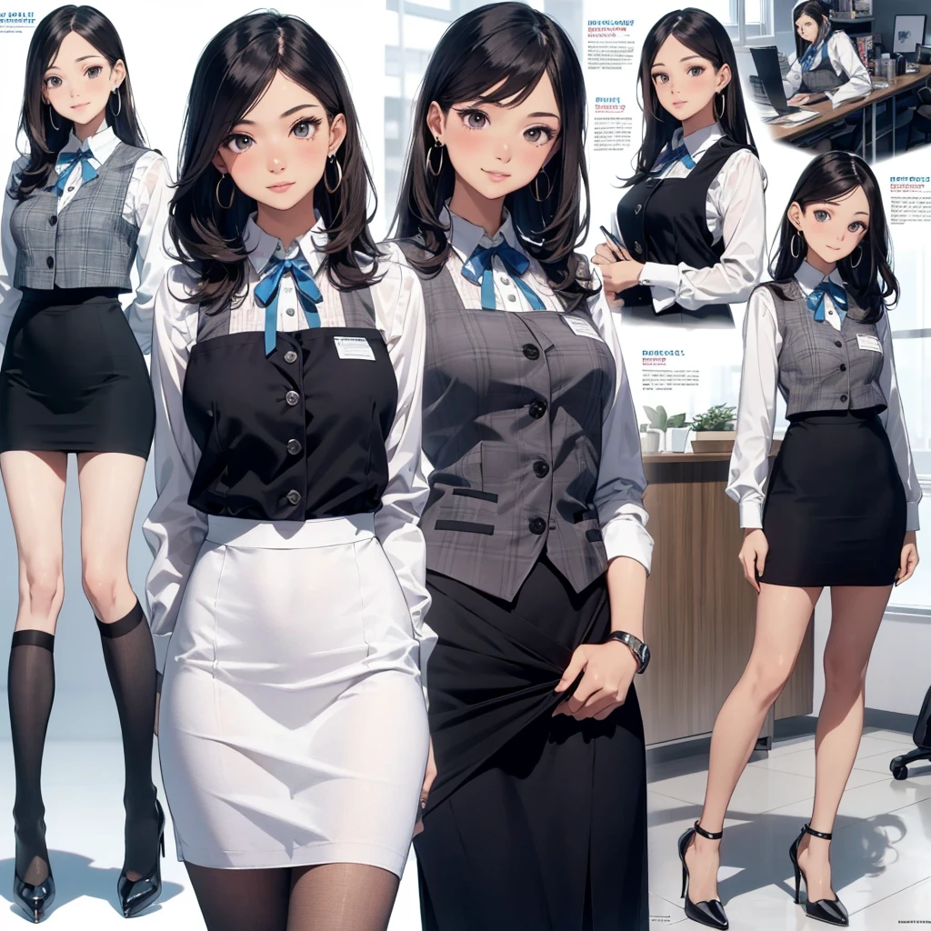 (Best Quality, Masterpiece),Wearing a pink plaid vest, White short sleeved shirt, Gray pencil skirt, Wear stiletto heels, Necklace, earrings, Cute face, Smile, Blushing, Shyness, Glass wall, Ultra Detail, Realistic, Front view, Whole body, stunning, cute, warm smile, hourglass figure, apron, text, chart, advertising, magazine title(Best Quality, Masterpiece), Mag((((1ladyl,)))) (masterpiece), (realistic), (best quality), (ultra-detailed), (wearing in [[white and gray check pattern]] Vest worn over white collared long-sleeved shirt:1.4), (gray vest with buttons:1.2), (Pink Theme:1.2), (blue ribbon ribbon:1.3), (Black theme:1.4), (Tight black pencil skirt:1.5), ((Brown pantyhose)), (high-heels:1.1),longskirt,office desk, office chair,Lulubre Unity 8K Wallpaper, pantyshot, long brown hair, office lady Magazine Cover, 1girl,  amazing, girl, 30 years old, house wiife, warm smile, hourglass figure, text, chart, advertising, magazine title