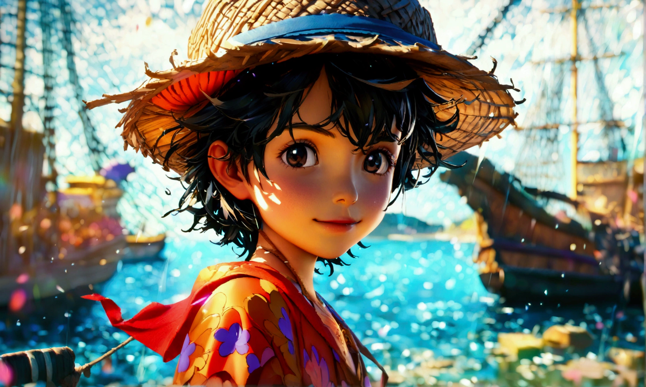 child,wearing a simple cloth outfit,cheerful expression,harbor scenery,"Intricate anime character design inspired by One Piece,impressive lighting,impressive focus,impressive face,creative details,ultra-fine 2D design,scenery bathed in creativity,boasting 2D anime resolution clarity,4K,high resolution,amazing resolution,high-octane rendering"
