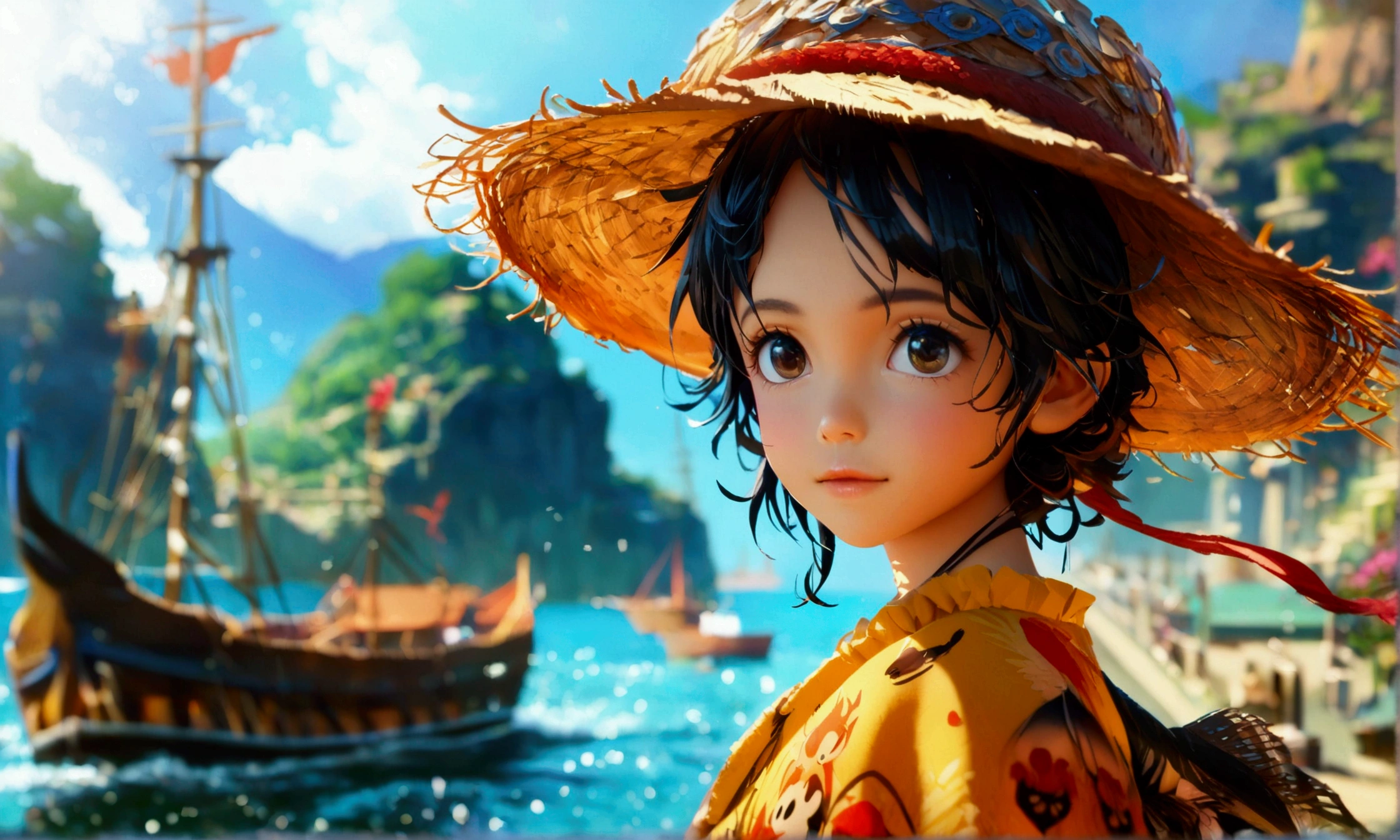 child,wearing a simple cloth outfit,cheerful expression,harbor scenery,"Intricate anime character design inspired by One Piece,impressive lighting,impressive focus,impressive face,creative details,ultra-fine 2D design,scenery bathed in creativity,boasting 2D anime resolution clarity,4K,high resolution,amazing resolution,high-octane rendering"