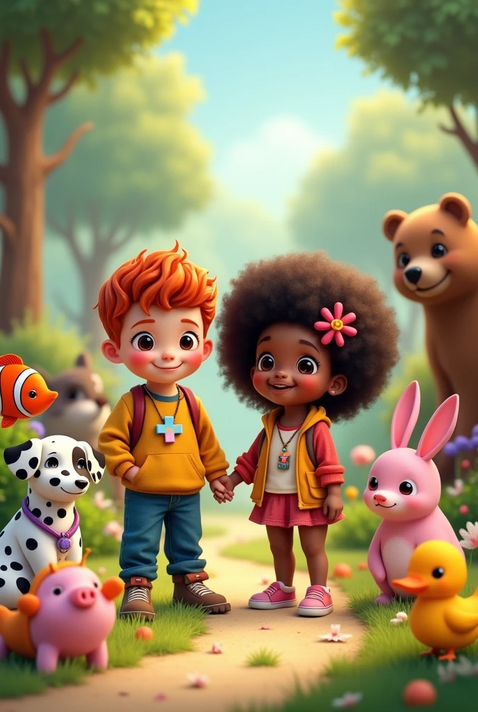 a 9 year old boy, fatter, Red-Haired, freckled, who wears a diversity necklace signaling that he has autism, next to a 9 year old who is black, with black afrodescendant hair, well armed and voluminous, using a little flower in your hair to decorate. She doesn&#39;t wear the diversity necklace. Next to them a Dalmatian dog with a red bow on her head, A clownfish, a brown bear, uma raposa, a big-eared rabbit with a purple bow on her head, a pink pig, and a duck! All very cute! 
