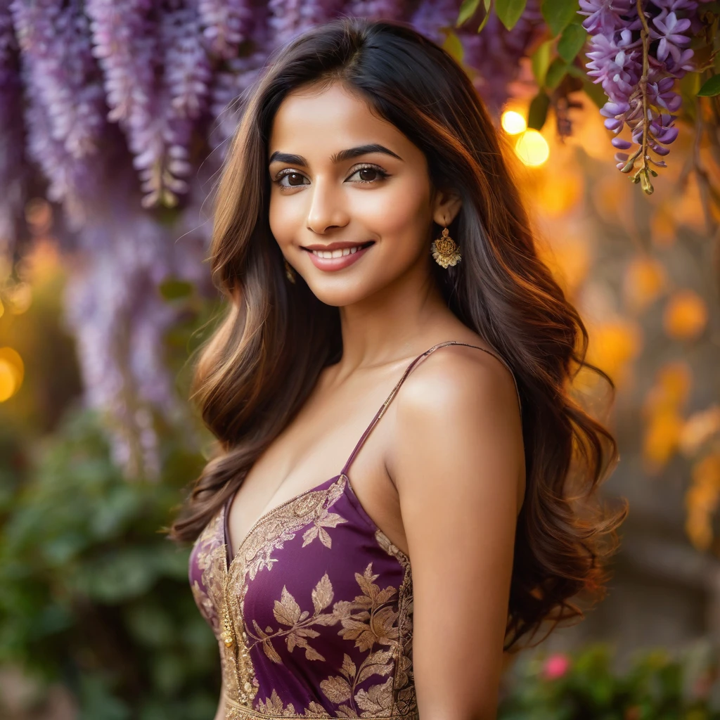 An Lovely Indian lady, in colorful dress, in a autumnal garden, wisteria vines, A warm and soft moon night image, Spring time, golden lighting, where which shows through in her honey brown skin tone, in her mid-20's, with a slim, athletic body build, heart-shaped face, adorned with dark brown peppered with blonde highlights, shoulder-length hair and subtle, warm undertones to her smooth, almond-colored skin, her eyebrows gently furrowed, and her full lips curled up into a gentle, reassuring smile.