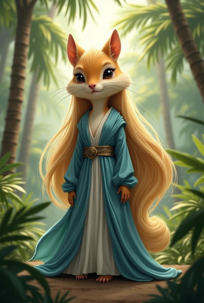 An anthropomorphic golden adult female chipmunk with black eyes and flowing hair to the ground, blonde. She is wearing a blue floor-length tunic with a white belt.. She is against the backdrop of a palm jungle..