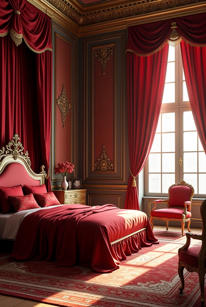 Luxurious dark red royal bedroom, side view, withouth People, with bed