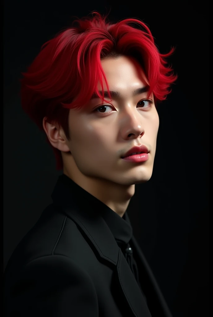 boy with jungkook face modeling with black background and red hair

