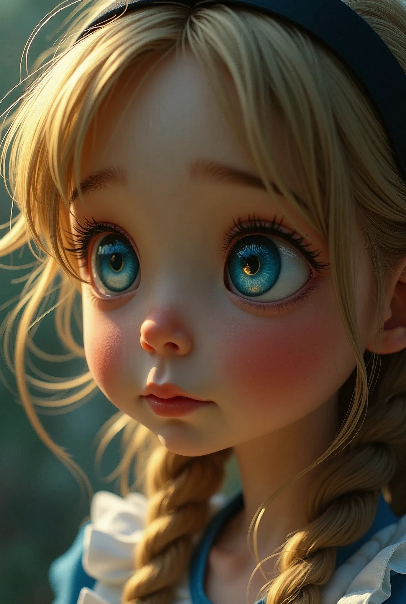 Create a close-up portrait of Alice from 'Alice in Wonderland,' capturing a moment of deep contemplation. Her expression should be one of curiosity mixed with a hint of uncertainty, as if she is pondering profound questions about reality and her place in it. Her large eyes should be wide, reflecting the surreal world around her—perhaps with hints of distorted images like the Cheshire Cat's grin, a clock, or the winding paths of the Wonderland forest. The lighting should be soft yet dramatic, casting gentle shadows that emphasize the depth of her thoughts. Her hair can be slightly tousled, as if she’s been on a long journey, and her iconic headband should be present, perhaps slightly askew, adding to the sense of her being lost in thought. The color palette should be a mix of soft pastels with darker, more introspective tones, creating a balance between innocence and the complexity of her thoughts.