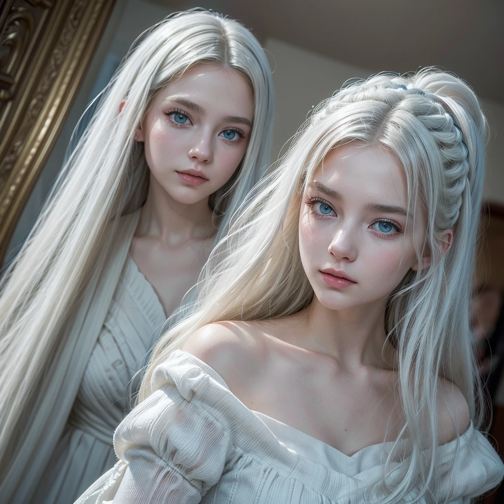 ((best qualityer)), ((work of art)), ((detailded)), a beautiful young woman, young white color, Long, wavy hair, White hair, blue colored eyes, raio de luz através do White hair, elegant outfit, elegant pose, top quality picture, super realistico, 8 k quality, ultra realisitic, cinema quality