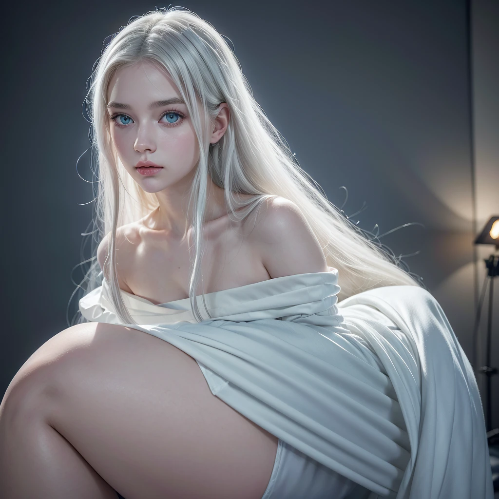 ((best qualityer)), ((work of art)), ((detailded)), a beautiful young woman, young white color, Long, wavy hair, White hair, blue colored eyes, raio de luz através do White hair, elegant outfit, elegant pose, top quality picture, super realistico, 8 k quality, ultra realisitic, cinema quality