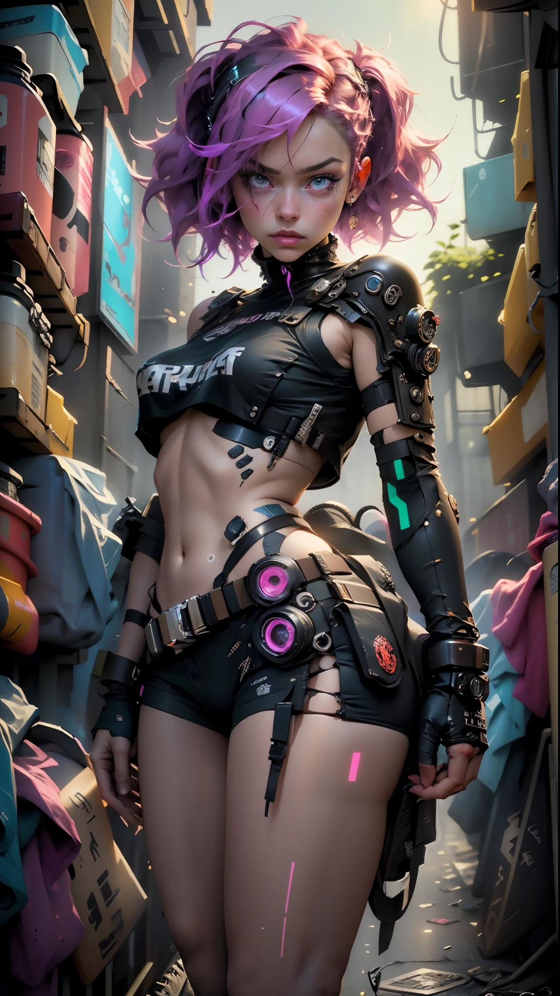 Woman's body defines thick thighs cybernetic body parts, short underwear NFFSW:1.3 (photorealestic:1.4) Pictures of cyberpunk girls, (Top quality, 8k, 32 Tsd., Masutepiece), (dynamic pose), ((facing camera)), (looking at the camera), cowboy shot, Shapeless hair, colourful hair, Colorful cyberpunk clothing, Depth of field f/1.8, cyberpunk city background, cinematic lighting.14 years