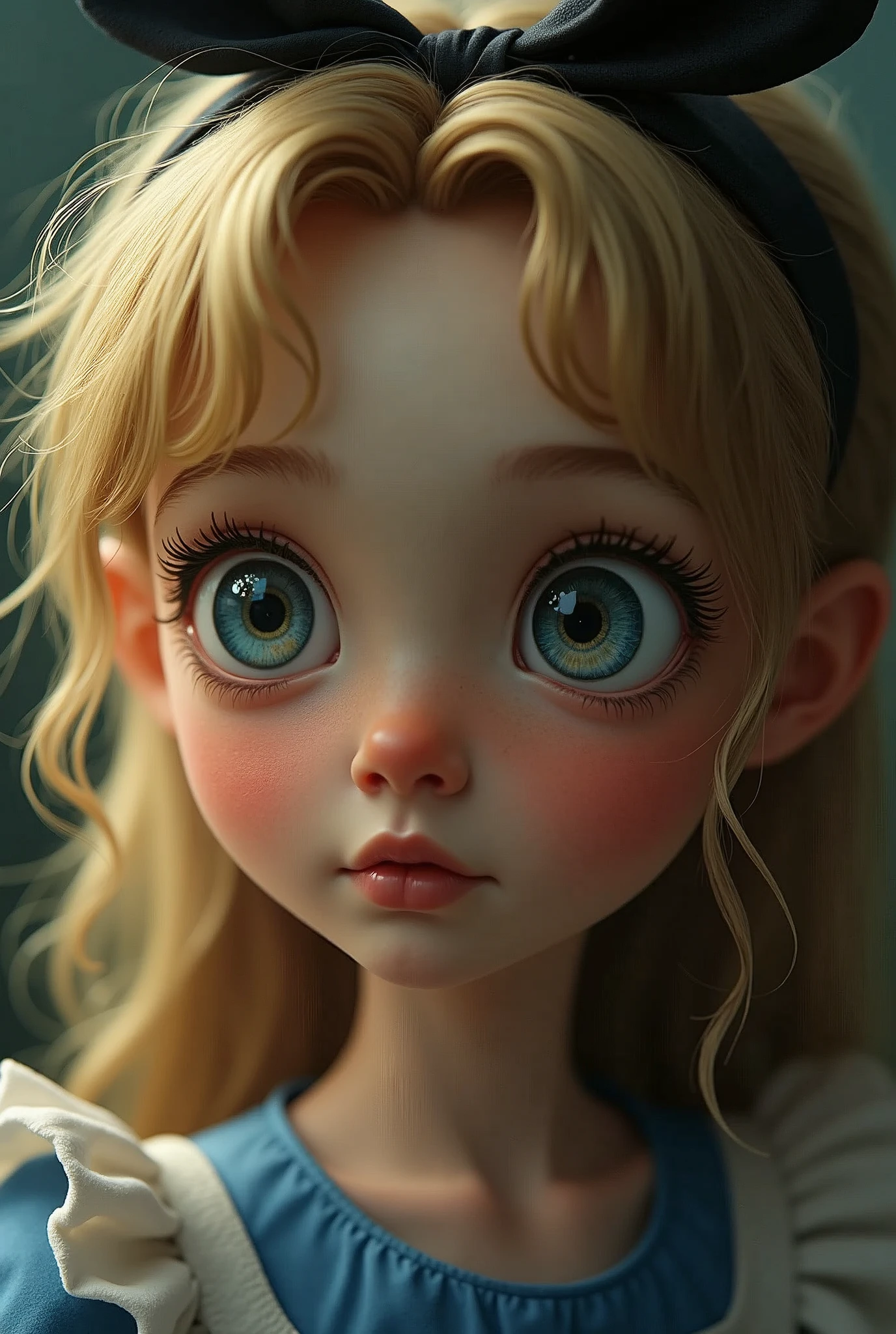 Create a close-up portrait of Alice from 'Alice in Wonderland,' capturing a moment of deep contemplation. Her expression should be one of curiosity mixed with a hint of uncertainty, as if she is pondering profound questions about reality and her place in it. Her large eyes should be wide, reflecting the surreal world around her—perhaps with hints of distorted images like the Cheshire Cat's grin, a clock, or the winding paths of the Wonderland forest. The lighting should be soft yet dramatic, casting gentle shadows that emphasize the depth of her thoughts. Her hair can be slightly tousled, as if she’s been on a long journey, and her iconic headband should be present, perhaps slightly askew, adding to the sense of her being lost in thought. The color palette should be a mix of soft pastels with darker, more introspective tones, creating a balance between innocence and the complexity of her thoughts.