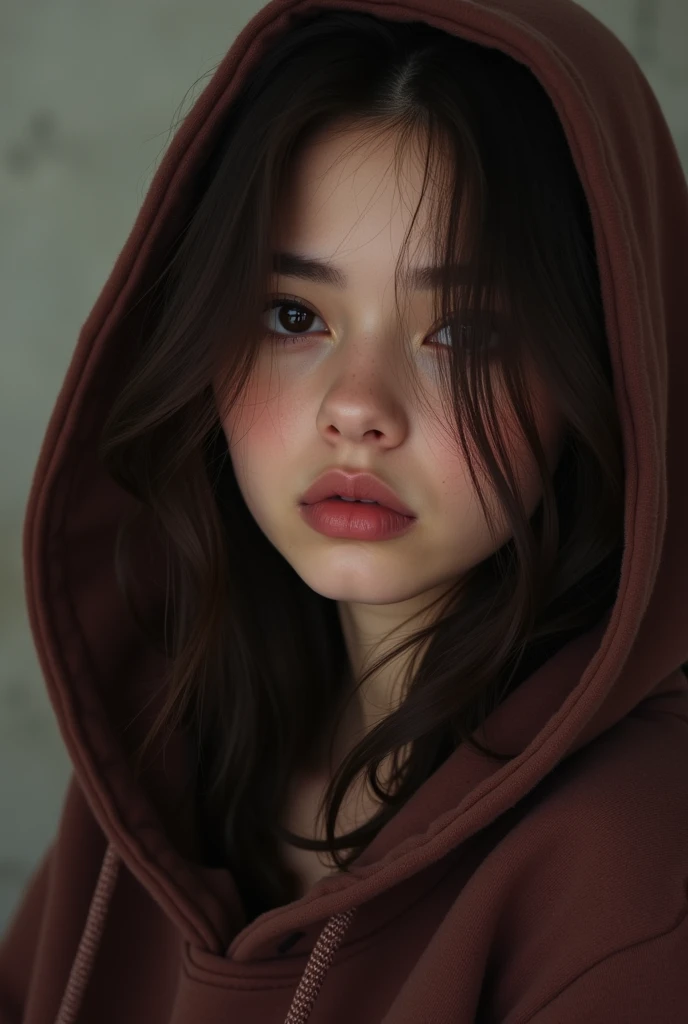 Young woman wearing a hoodie Burnett close up selfie
Create multiple images of her