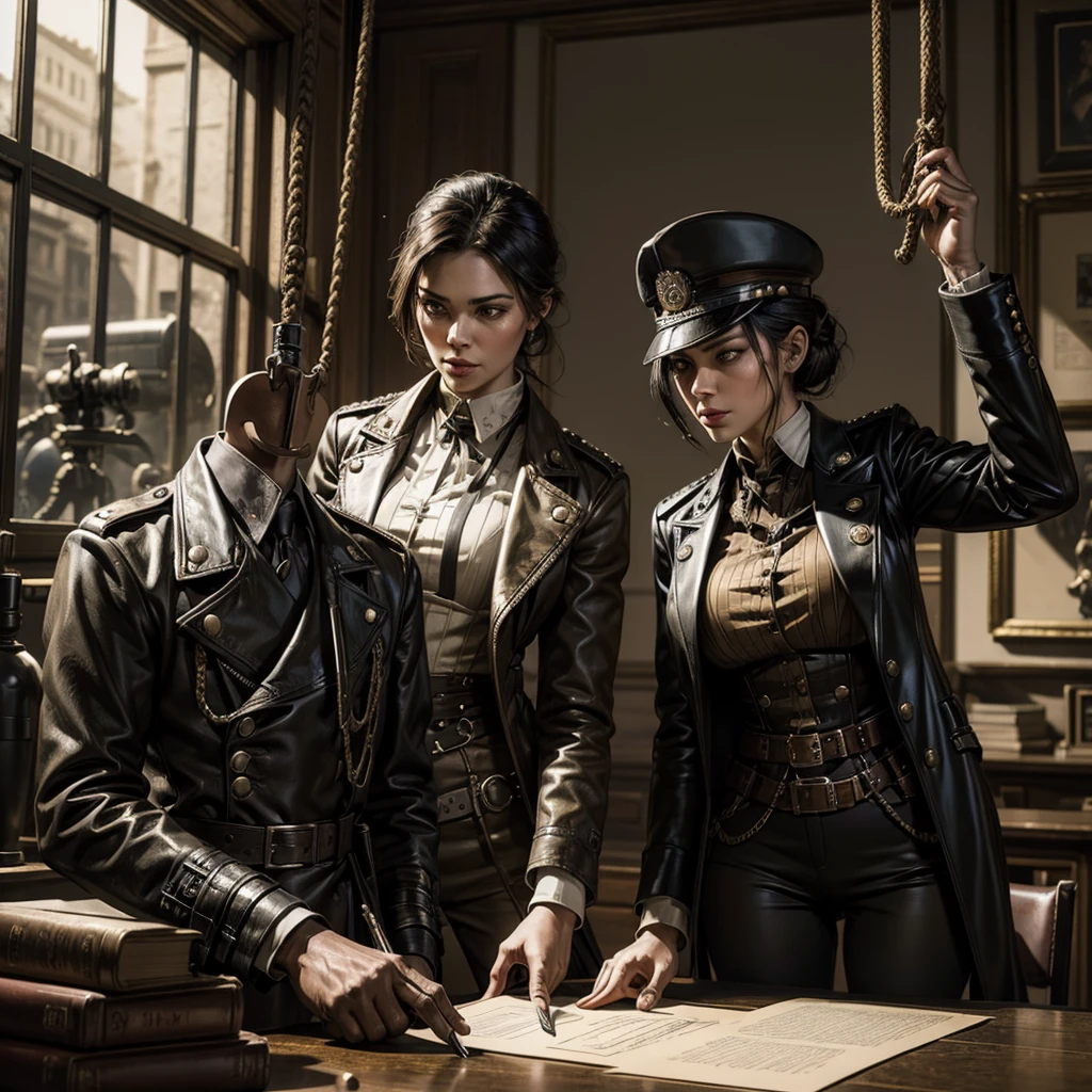 a woman in military uniform steampunk signs documents on a desk, behind her a hitman with a rope stretched out in his hands approaches her from behind,hyper-realistic, photorealistic, hyper-detailed