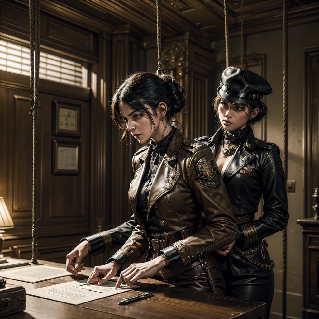 
a woman in military uniform steampunk signs documents on a desk, behind her a hitman with a rope stretched out in his hands approaches her from behind,hyper-realistic, photorealistic, hyper-detailed 