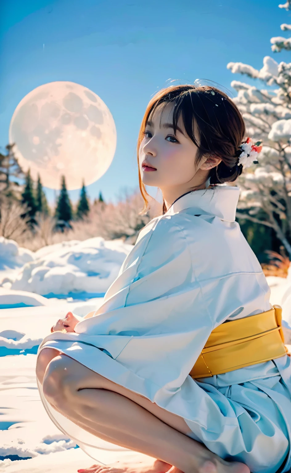 (((Perfect limbs and body with detailed depictions of the limbs based on perfect anatomy, no extra arms))),4k shooting captures the essence of movement,First Person,(((A beautiful Yuki-onna (snow woman) wearing a thin white kimono is crouching and resting on the snow of a snowy mountain at night.))),(((In the moonlight of a late night when snow is falling heavily, a snow woman in a white kimono stands out as she gazes at the moon.))),(((masterpiece))),Her fair, translucent skin is dazzling,The plain white kimono stands out,Lift your chin and look up, placing your hand on your cheek,((Full-body 4K profile shot of bare feet with the moon in the background)),20-year-old, Glossy long chestnut hair is sexy,((Gravure photoshoot in the snowy mountain forest)),Long eyelashes,Big eyes,double eyelid,((Glossy red and thick lips)),Deep depth of field photography with Hasselblad,Outdoor detailed background,Best image quality,Professional perspective,Amazing details,Ultra-high resolution,Realistic:1.4,Attention to detail,The beauty is concentrated on one girl.,Beautiful long chestnut hair fluttering in the wind,Delicate, high-nosed and beautiful face,Long limbs like a model,Tight waist,The glimpse of white skin is dazzling,god々A good appearance,Cinematic Production,