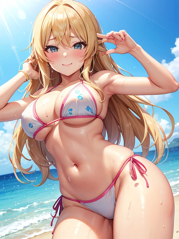 high quality, One beautiful woman, Tiny Bikini、Blonde、Long Hair、Idolmaster character Hoshii Miki、Large Breasts、Big ass、Hot summer beaches、Sexy pose、Shy smile、A face that feels sexual pleasure 、 Sweaty、Beautiful belly button、Engraving Model Pose、Beautiful belly button、High resolutionの顔と目