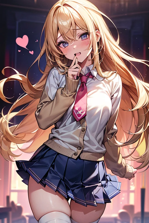 Browsing Caution,(Highest quality, 8k, masterpiece:1.3,beautiful girl), (Very detailed)Glowing Skin,(((Long Hair,blonde,Beautiful Hair))),(Perfect Anatomy, Anatomically correct, Very detailed肌),((Golden Eyes)),((Light blue collared shirt, Navy pleated mini skirt, socks, Navy tie, Light brown cardigan, White knee socks)), Pink Panties, School,library, Knee-high socks with vibrators, Dynamic Angle,(((Vulgarity))),Embarrassed expression,Knee-high socks on both feet,Hold your groin,Angle from below,Great style,Love juice overflowing from pussy,Lick your lips with your tongue,Double teeth,Drooling,(((Heart symbol on eye))),I'm Climax,Body-trembling ecstasy,Infatuated,Big Breasts,Big Ass
