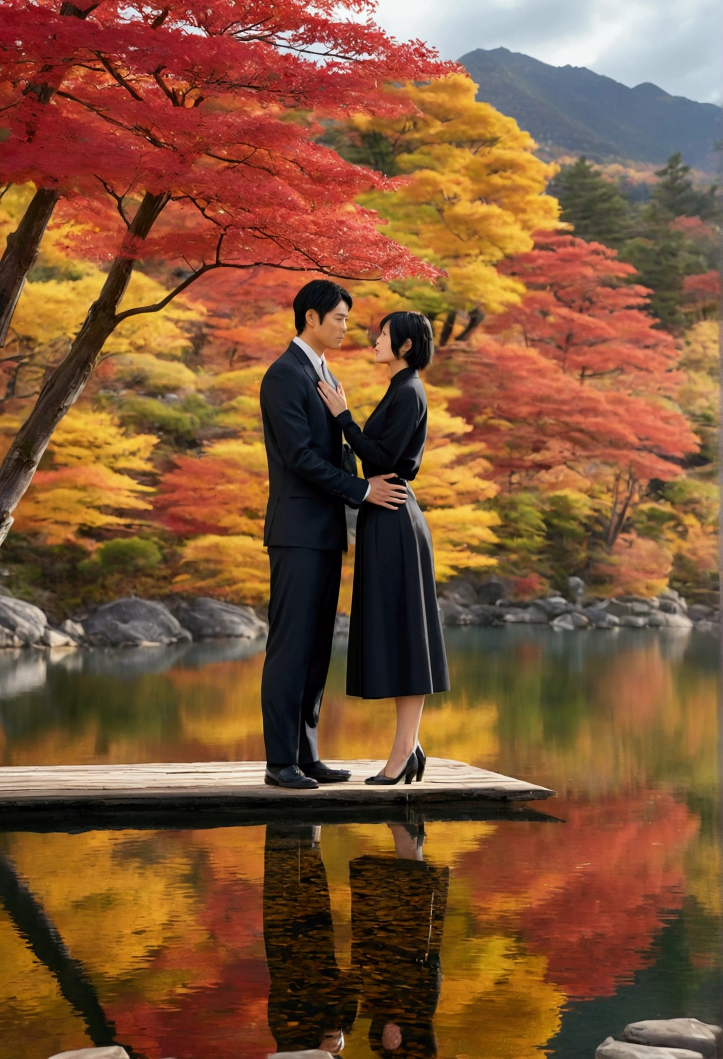 An intimate scene set in a serene mountain retreat during autumn. A beautiful Japanese woman with short, sleek black hair stands closely with a tall, handsome man beside a tranquil lake. The woman wore stylish black clothes that accentuated her sexy body and the visible size of her breasts, and the man wore a sharp and elegant suit, showing his high status. Golden and red leaves gently fall around them, creating a picturesque, romantic atmosphere. The man tenderly holds the woman's hands, looking into her eyes with a softened expression, while the background features a clear, reflective lake surrounded by vibrant autumn foliage, and the distant mountains complete the tranquil, peaceful setting.