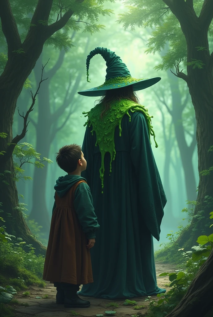 Image of a wizard with a slime on his shoulder facing forward and being a child and a forest in the background illustration