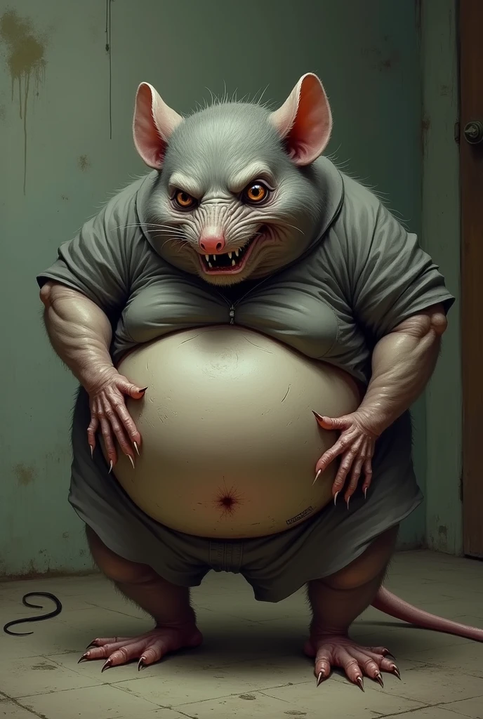 A disgusting obese rat in a gray blouse obese grumpy ugly scratching her ass aggressively