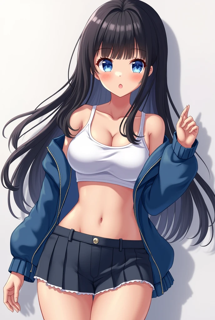 anime girl, 17 years, busty and big ass, long black hair, blue eyes, mini skirt and mini top, 