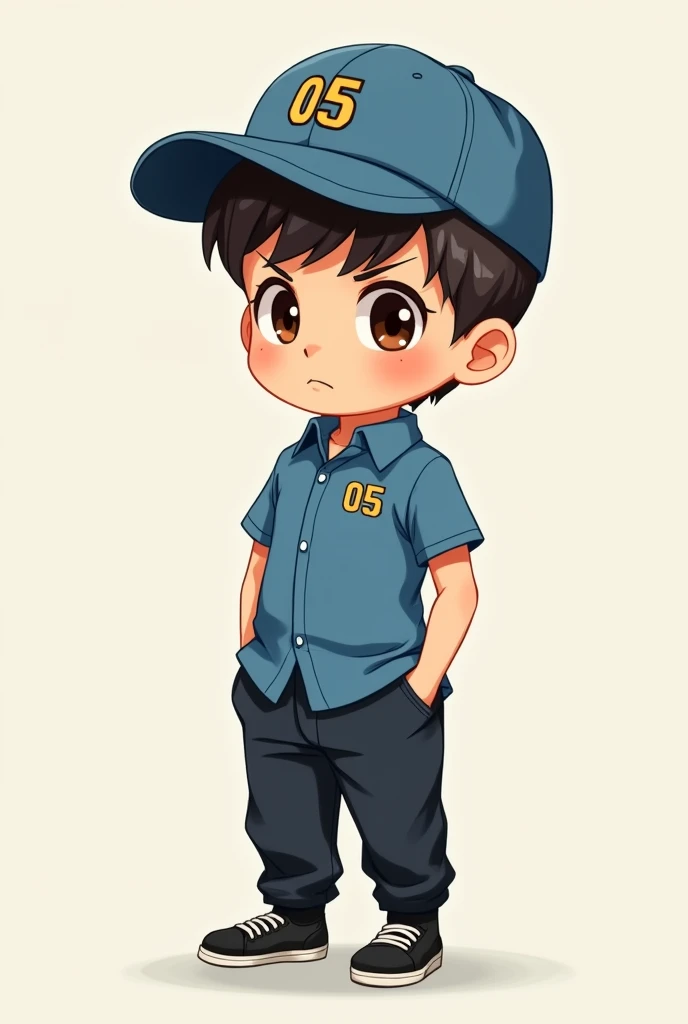 A small boy wearing a blue shirt with the number 05 in the upper right corner and a blue cap with the number 05 . She has short military style hair., his face is serious, does not show an emotion, He's small. Make it in a cartoon style, He's small e tem olhos castanhos. He wears black pants and black sneakers.. Don't forget the cap and short military hair, muito curto