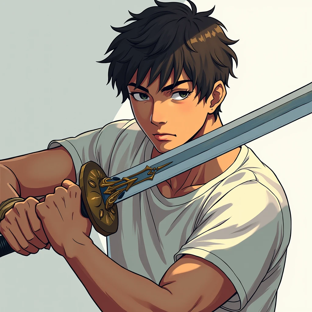 Man wearing a tshirt , hold a sword, side head view , fantasy rpg , close up, anime